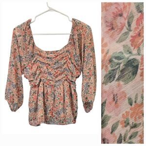 American Eagle Girly Boho Chic Chiffon Blouse Peach Floral Ruched Peplum Top S